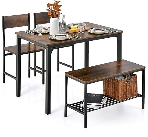 COSTWAY Set Tavolo e Sedie da Pranzo 4 Pezzi, Tavolo da Pranzo con 2 Sedie e 1 Panca, Set Mobili da Cucina Salvaspazio con 4 Posti, per Cucina, Sala da Pranzo, Soggiorno (Caffè)