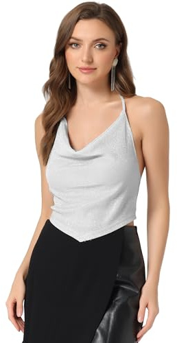 Allegra K Mujer Halter Purpurina Cuello Vuelto Drapeado Sin Espalda Crop Cami Top Disfraz de Halloween Plata XS