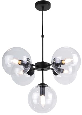 Light-Home Imperia Hängelampe - Deckenlampe für Wohnzimmer Schlafzimmer und Esszimmer- Pendelleuchte aus Metall und Glas - E14-5-Flammig - Schwarz Basis und Grau