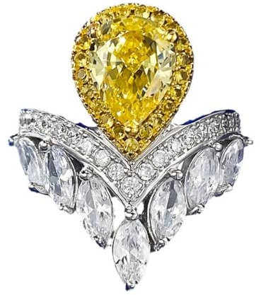 YILDEX Mode High Carbon Diamant Wassertropfen S925 Silber Damenringe Luxus Design Kronenringe, Gelb,9