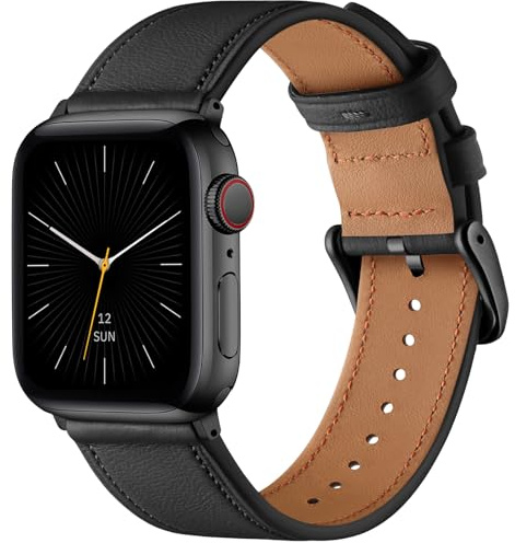 Oielai Läderarmband kompatibelt med Apple Watch armband 49 mm 46 mm 45 mm 42 mm, mjukt äkta läderarmband för Apple Watch Series 11 10 9 8 7 6 5 4 3 2 1, SE 3 2 1, Ultra 3 2 1 män kvinnor, svart