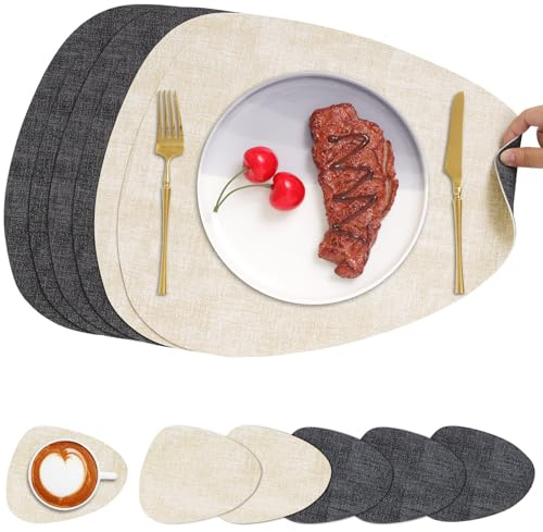 Chitomars Placemats and Coasters Set of 6 Dual Sided Faux Leather Table Mat | Heat Resistant Washable Place Mats Non Slip Waterproof Leather Placemat for Dining Table Indoor Outdoor (Grey Cream-White)