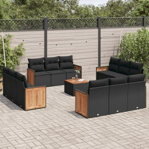 Rantry 13-TLG. Garten Sofagarnitur mit Kissen Gartensofa mit Stauraum Gartenlounge Gartenmöbel Balkonmöbel Loungesofa Ecksofa Rattansofa Sitzgruppe mit Gartentisch Gartenset Schwarz Poly Rattan