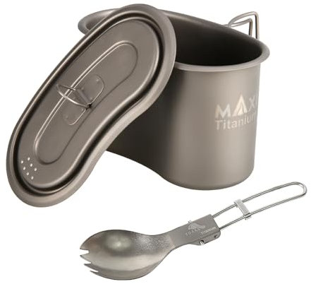 Titanium GI Cup und Titan-Löffel-Kombination, 950 ml Lunchbox, Campingschüssel mit faltbarem Griff, tragbar für Outdoor, Camping, Wandern, Rucksackreisen (Tasse + TOAKS Titan-Göffel)