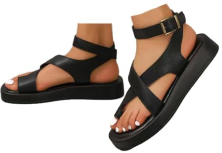 WINDEHAO Sandalias romanas con plataforma de piel auténtica para mujer, sandalias de gladiador de verano, sandalias gruesas para playa (negro, 38 EU)