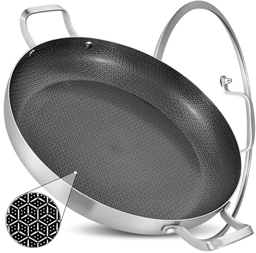 Inqibee 14-Inch Hybrid Tri-Ply Stainless Steel Paella Pan with Lid, Ceramic Non Stick Large Skillet, Induction Cooking Pan, Anti-Scratch, Dishwasher and Oven Safe