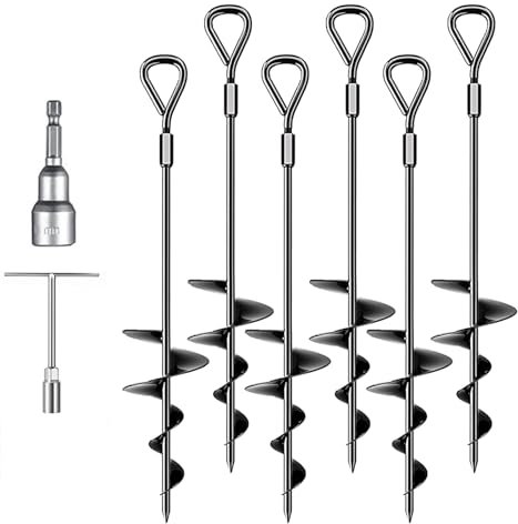 Tent Pegs 6 Pack, Metal Heavy Duty Ground Anchor (45cm Tall) Screw in Trampolines Spike Swing Set, Dog Carport, Canopy Stakes Kit, Mobile Home Anchors