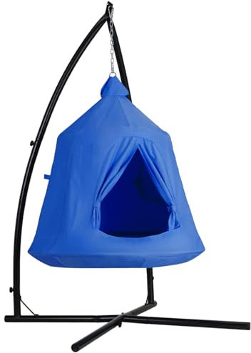 Clevich Hängehöhle mit Gestell,Hängesessel for Indoor & Outdoor,Camping Hängezelt,Hänge Spielzelt,Hängezelt int LED-Leuchten,Hängematte mit aufblasbarem Kissen,150kg Kapazität,Deckenschaukel (Blauw)