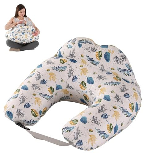 SHANNA Cojín de Lactancia para Bebés: 100% Algodón, Cojín de Lactancia en Forma de U, Cojín de Embarazo Ergonómico, Cojín de Apoyo para Bebés, Funda Extraíble y Lavable (Azul Hoja)