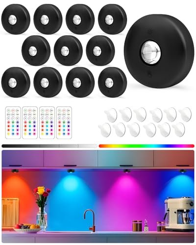 Yiliaw LED-Pucklichter mit Fernbedienung, magnetische AAA-betriebene Leuchten, Unterbauleuchten, Tippleuchten mit Dimmer & Timer für Küche, Schrank, Regal – 12er-Pack, Schwarz