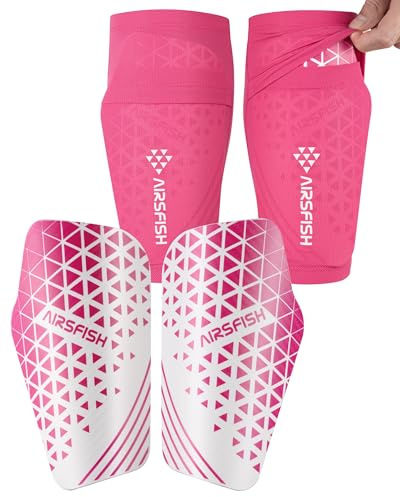 AIRSFISH Soccer Shin Guards for Kids Youth Adults,Shin Pads and Sleeves with Optimized Insert Pocket EVA Cushion,Reduce Shocks and Injuries for Boys Girls Men for Football Games (Pink, XS)