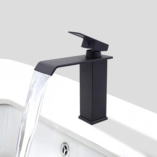 VirtuGro Robinet Salle de Bain Cascade Mitigeur Lavabo avec Cartouche en Céramique Durable et kit de Montage Mitigeur Lavabo en Acier Inoxydable Économiseur D'eau et D'énergie Chromé (Noir)
