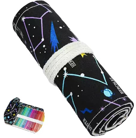 Hoxgar Trousse Enroulable en Toile avec 72 Compartiments, Grande Capacité | Organisateur pour Crayons de Couleur pour Dessiner Colorier et Faire des Croquis (Crayon Non Inclus) Bleu Nuit, 72 Trous
