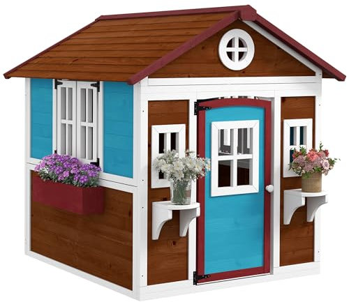 Outsunny Cabaña Infantil de Exterior, casita Infantil de Exterior, con Puerta, Ventanas y jardineras, cabaña de jardín para niños de 3 a 8 años, 114 x 126,4 x 135 cm, marrón