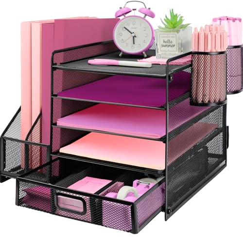 ideallife Desk Organizers and Accessories with File Holder, 5-Tier Paper Letter Tray Organiser with Drawer and 2 Pen Holder, Mesh Desktop Document Organizer for Office Supplies, Workspace - Black
