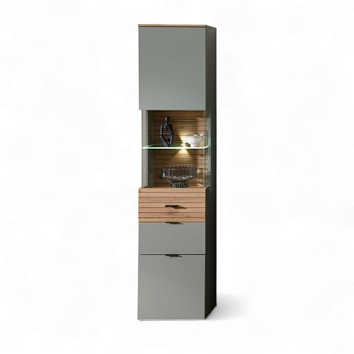 Stella Trading INA Vetrina in verde canna, effetto rovere artisano, certificata FSC, moderna vetrina con illuminazione a LED e ampio spazio di archiviazione, 45 x 200 x 36 cm (larghezza x altezza x
