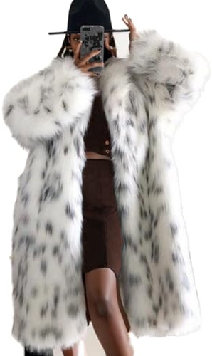 Manteau d'hiver Long et Doux en Fausse Fourrure Veste de Fourrure Chaude pour Femmes Pardessus survêtement (Blanc et Noir,S)