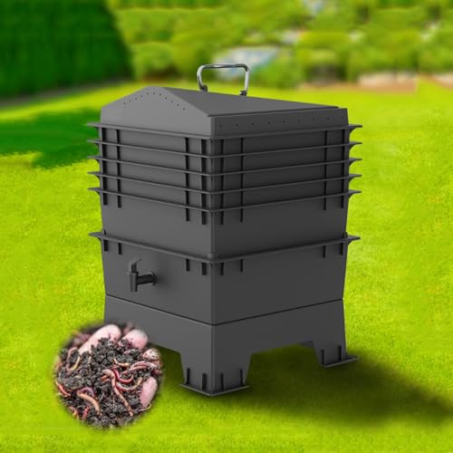 Kit compostiera a 4 vassoi per vermi per giardinaggio all'aperto, efficiente, in plastica nera, con drenaggio, sistema di allevamento di vermi ideale per compostaggio ecologico