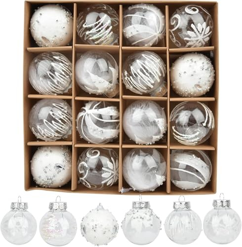 MISTRO Bolas de Navidad Blancas 16 Unidades 6 cm Bolas Transparentes para Árbol de Navidad con Colgador Decoración de Navidad Tema Plateado y Blanco