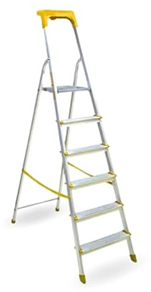 IWOFER Scala Domestica in Alluminio | Antiscivolo con Gradini da 80mm | con Portaoggetti e Blocco di sciurezza | Made in Italy (Giallo, 5)