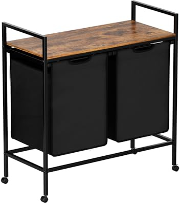 FetiNes Panier à Linge 2 Compartiments, Corbeille à Linge Sale avec 4 roulettes, 2 Sacs Amovibles en Tissu Oxford, Étagère, Cadre en Métal, 2 x 42 L, 73 x 33 x 76 cm, Noir-Marron Rustique