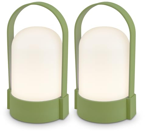 BRILONER – uppsättning av 2 LED-bordslampor trådlösa IP44 med touch, dimbar i steg, batteri utbytbar, sänglampa, LED-lampa, campinglampa, bord, batterilampa, utomhus, 8,5 x 8 x 15,5 cm, lindgrön