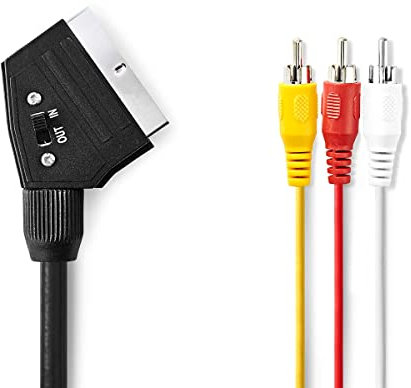 NEDIS SCART-Kabel | SCART Stecker | 3X Cinch-Stecker | Vernickelt | Schaltbar | 480p | rund | PVC | Schwarz | Plastikbeutel 1.00 m 1.00 m