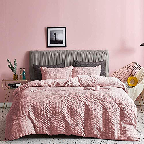 Juego de ropa de cama Seersucker con fundas de almohada, 100 % algodón, color blanco, plateado, antracita, rosa y gris, para cama doble, king y super king (rosa suave, super king)