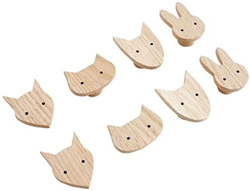 PLT 4 Stück Tierische Griffe für Kindermöbel aus unbehandeltem Eichenholz, Knauf, Knopf, Kommode, Schrank, Schublade, Tür, Kinderzimmer, Geschenkidee (4, Fuchs, Katze, Hase, Hund)
