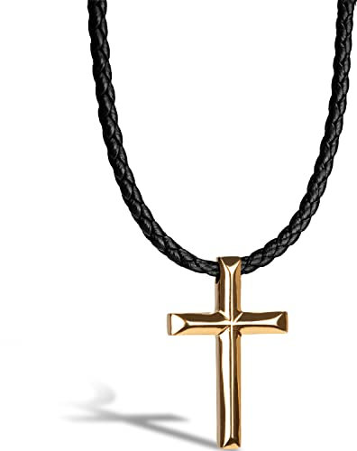 SERASAR Lederkette Herren Leder-Halskette mit Kreuz Anhänger - 60cm Gold - Lederband Kette mit Schmuck-Schachtel für Männer - Echtleder - Geschenk für Männer - Leather Necklace Men Jewelry Band