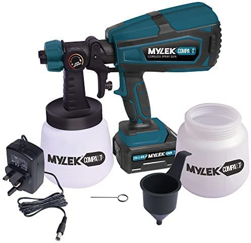 MYLEK Cordless Paint Sprayer Gun Kit 20V - Lightweight - Li-Ion Battery - UK Charger - 2 Paint Cups - Professional Coverage, Sheds, Fences, Furniture, Walls, Ceilings, Decking, Indoor and Outdoor