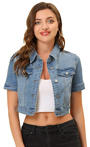 Allegra K Chaqueta Corta Informal para Mujer de Manga Corta Vaquera | Longitud corta para una silueta favorecedora, cierre frontal de botón, festivales de música, salidas diarias