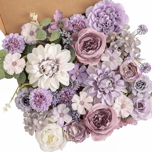 Garisey Set combinato di fiori artificiali per bouquet da sposa, composizioni fai da te, addio al nubilato, feste, decorazioni per la casa (peonia bianca e viola)