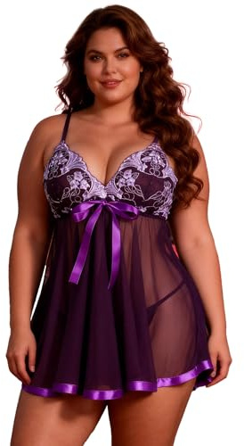 ohyeahlady Camisón Sexy Mujer Lencería de Malla con Tanga Talla Grande | Ropa Interior Malla,Hot Lingerie for Women,para Regordeta Curvy,Camisón Mujer Verano,Babydoll,Vestido,Tirantes Ajustable