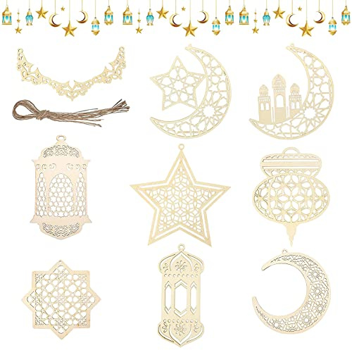 Prydnadshänge i trä, 9 st Ramadan-dekorationer, ornament Eid gör-det-själv-dekorationer, Eid Mubarak gör-det-själv-hänge, måne, stjärna, träornament, hänge för Ramadan, Mubarak Eid, partydekorationer