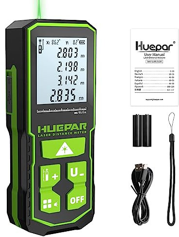 Green Laser Distance Meter, Huepar Digital Meter with LCD Display, Rechargeable Battery and Dual Angle Display, Pythagoras/Distance/Area and Volume (Green Laser Level, S100-G#UK)
