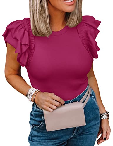 Womens Ruffle Short Sleeve Shirts Slim Fit High Neck Knit Ribbed Tops Fuchsia