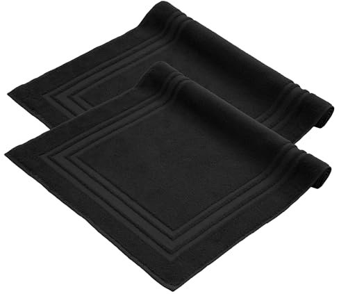 Komfortec Lot de 2 Tapis de Bain, en Tissu éponge, lavables, 600 g/m² et 100% Coton Absorbant et à séchage Rapide, Noir, 50 x 70 cm