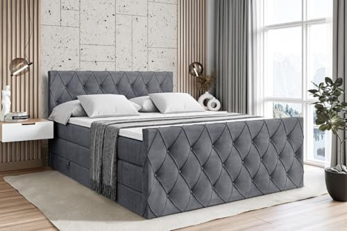 ALTDECOR Boxspringbett mit Matratze und Lattenrost, Topper, Fußteil, Polsterbett mit Bettkasten, Bett mit Stauraum H3- und H4- Matratze,Springboxbett - Amay King - 200x200 - Dunkelgrau Samt