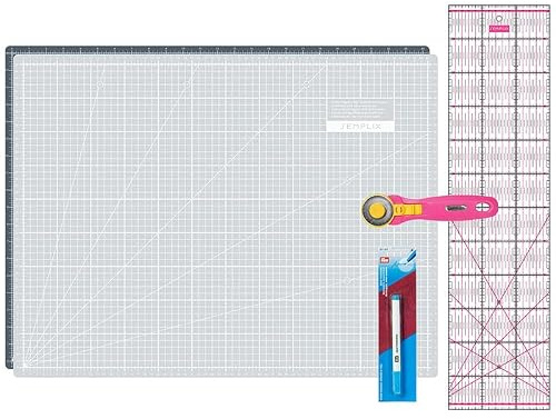 SEMPLIX Skärmattor set – skärunderlägg 60 x 45 cm (A2), rullskärare maxi, lapptäcke linjal + PRYM Aqua-trickmarkör (grå/rosa)