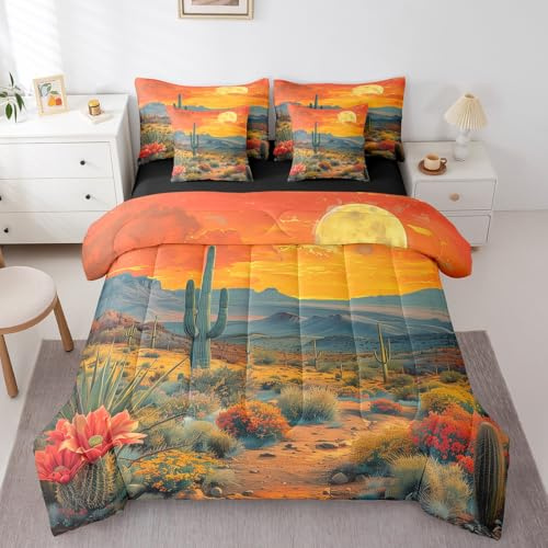 Erosebridal Sunset Cactus Bedding Sets, Rustic Desert Plants Comforter Set 7-Piece King Size, Petals Flowers Bed in a Bag for Kids Teens, Retro Bedding Sets & Collections