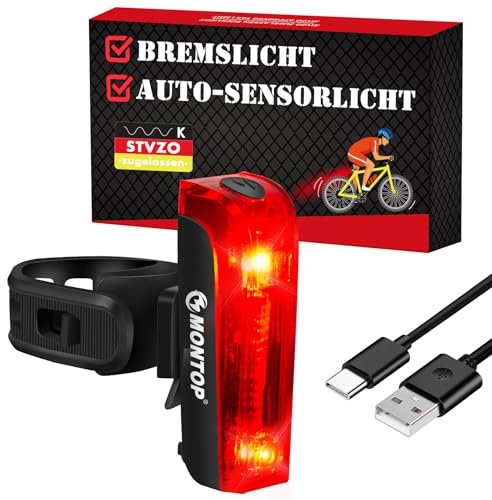 MONTOP Fahrradrücklicht mit Bremslicht und Standlicht | StVZO Zugelassen USB Aufladbar Intelligente Fahrradbeleuchtung mit Automatik-Modus| Wasserdicht Fahrradlicht Hinten 2 LEDs| 2025 Neuestes Modell