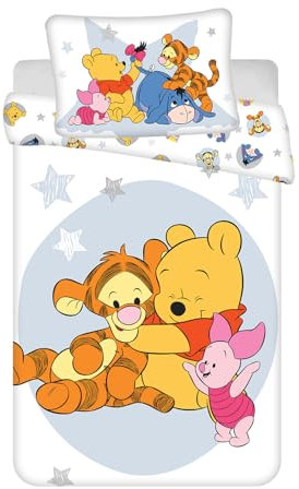 Jerry Fabrics Bettwäsche Winnie Puuh und seine Freunde für Babys oder kleines Bett, wendbarer Bettbezug 100 x 135 cm + Kissenbezug 40 x 60 cm, 100 % Baumwolle, mit Tigger, I-Aah und Ferkel