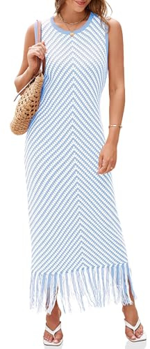 Wenrine Vestido de verano de punto de ganchillo para mujer, casual, a rayas, borlas, sin mangas, bohemio, maxi vestidos