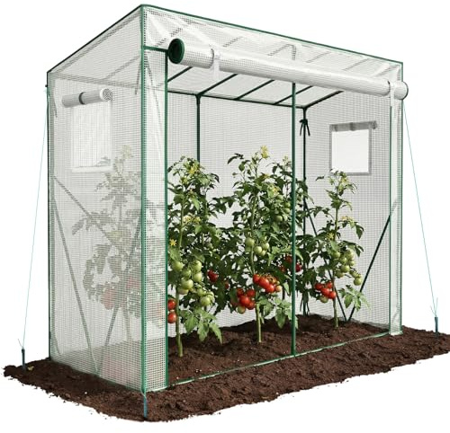 VOUNOT® Invernadero para Tomates 200x77x170 cm, Túnel de Cultivo con Techo Inclinado, Gran Puerta y 2 Ventanas, Cubierta PE Reforzada 135g/m², para Plantas Verduras Flores, Blanco
