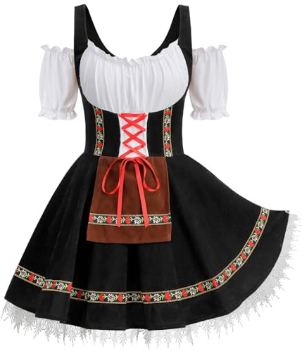 clasToonrain Long Women's Dirndl Traditional Costume Dress for Oktoberfest, Elegant Midi Dirndl, Shoulderless Dress for Halloween Festival Outfits and Cosplay, black, L