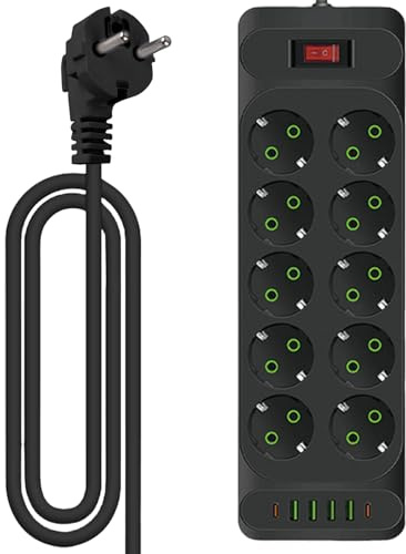 10 Fach Steckerleiste: Steckdosenleiste mit 2 USB Ladeanschlüsse + 2 TYPE-C, Verteilersteckdose Wandmontage, Steckerleiste mit Schalter, 10 Fach Power Strip mit 2M Kabel für Büro, Hause (Schwarz)