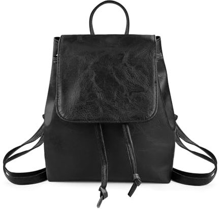 AfitLulu Zaino da donna in finta pelle, alla moda, con tasca con coulisse, piccolo zaino da donna vintage con tracolla regolabile, Nero , S