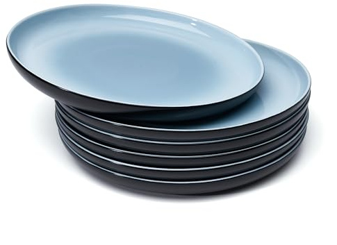 Sweese Porcelain Dinner Plates Set of 6, 10 Inch Lightweight Round Dish Set - Dishwasher, Microwave, Oven Safe, Scratch Resistant, Kitchen Serving Dishes- Black & Blue
