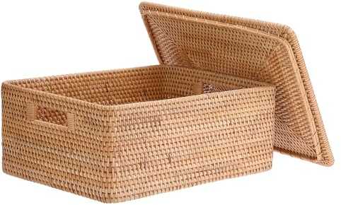 IGNPION Cesta de almacenamiento de ratán con tapa, cesta de almacenamiento decorativa de mimbre para estantes, caja de almacenamiento tejida para baño, armario y mesa, contenedor de almacenamiento